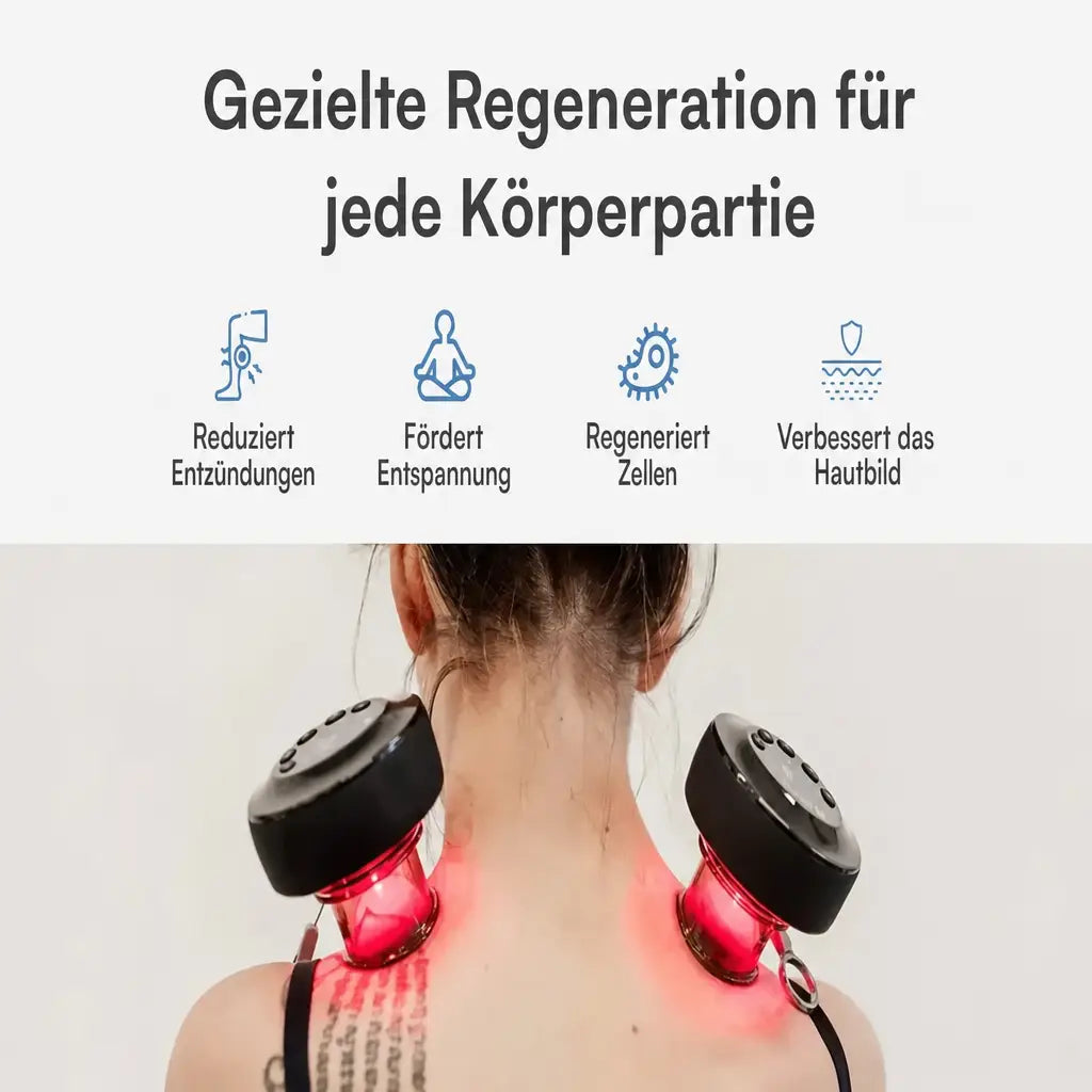 Aerify Dynamic Cupping, zwei Geräte mit rotem Licht am Nacken einer Frau, darüber Symbolgrafik