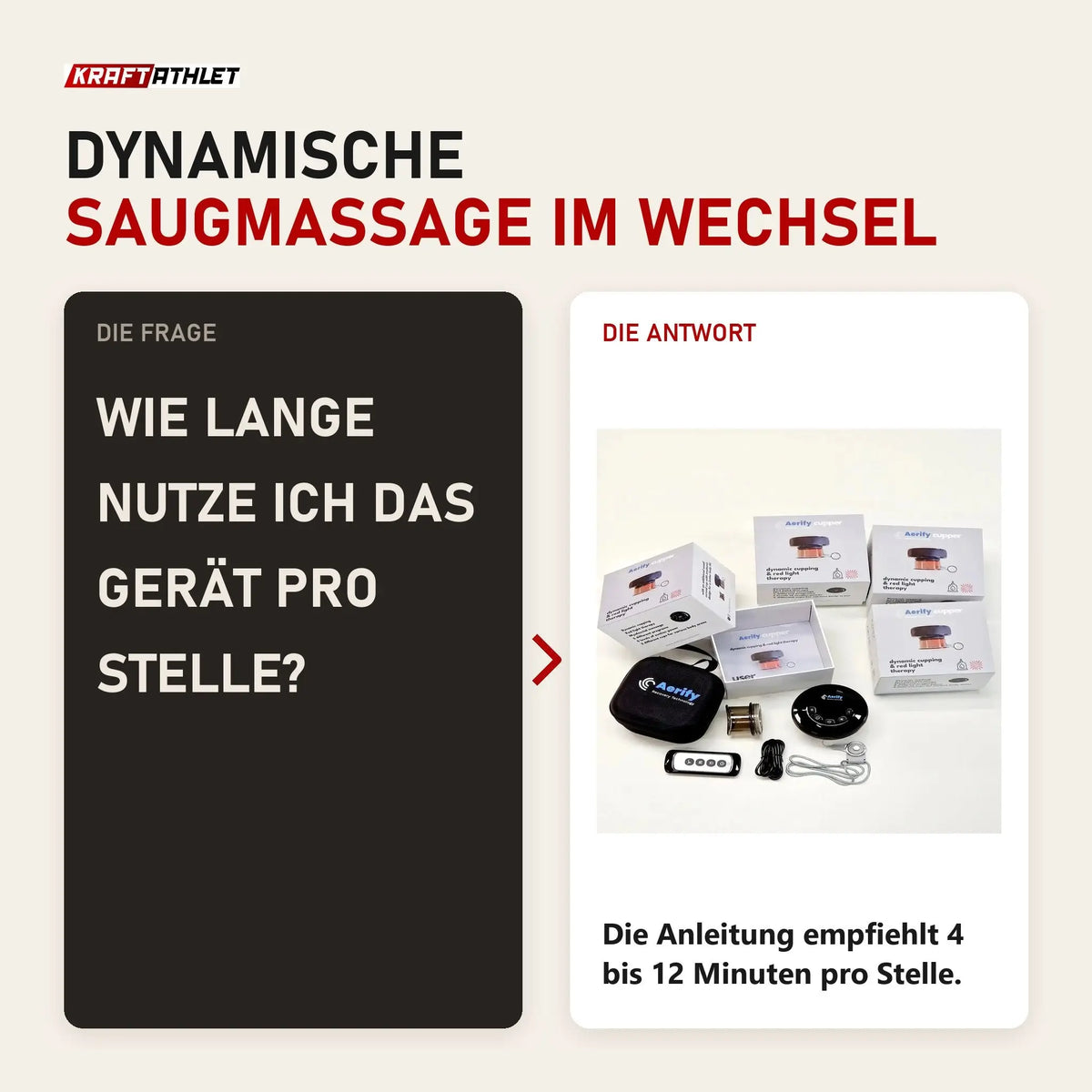 Frage und Antwort zu Aerify Dynamic Cupping: Wie lange nutze ich das Gerät pro Stelle?