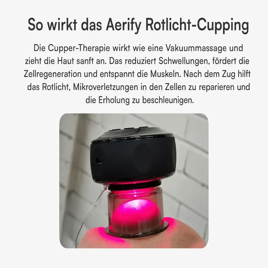 Aerify Dynamic Cupping, Grafik mit dem Gerät und rotem Licht auf der Haut, Nahansicht