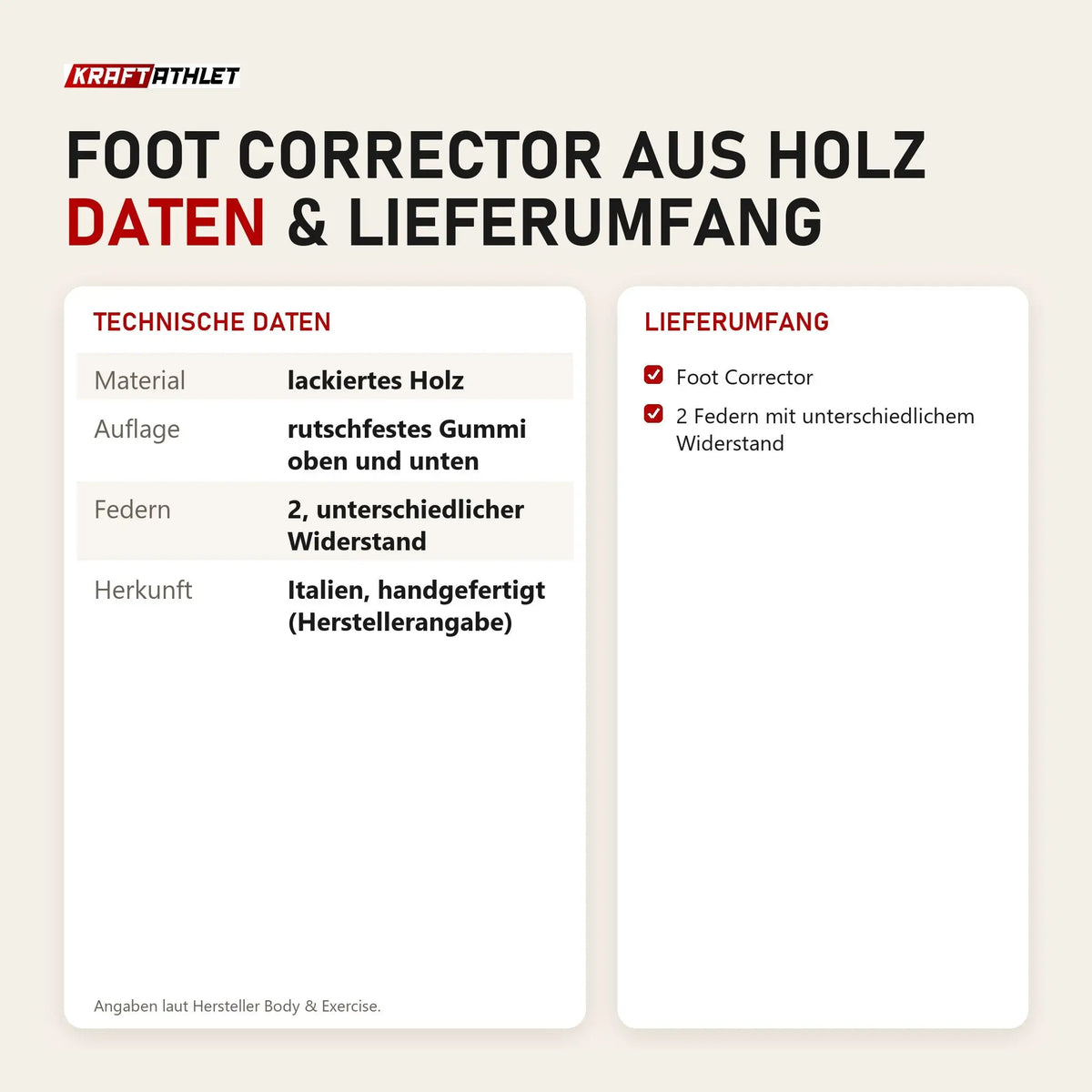 Technische Daten und Lieferumfang von Body & Exercise Foot Corrector aus Holz als Tabelle