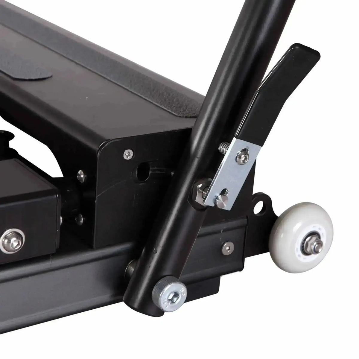 Elina Pilates Domo Reformer aus Aluminium, Detail der Transportrolle und des Standfußes am Rahmen