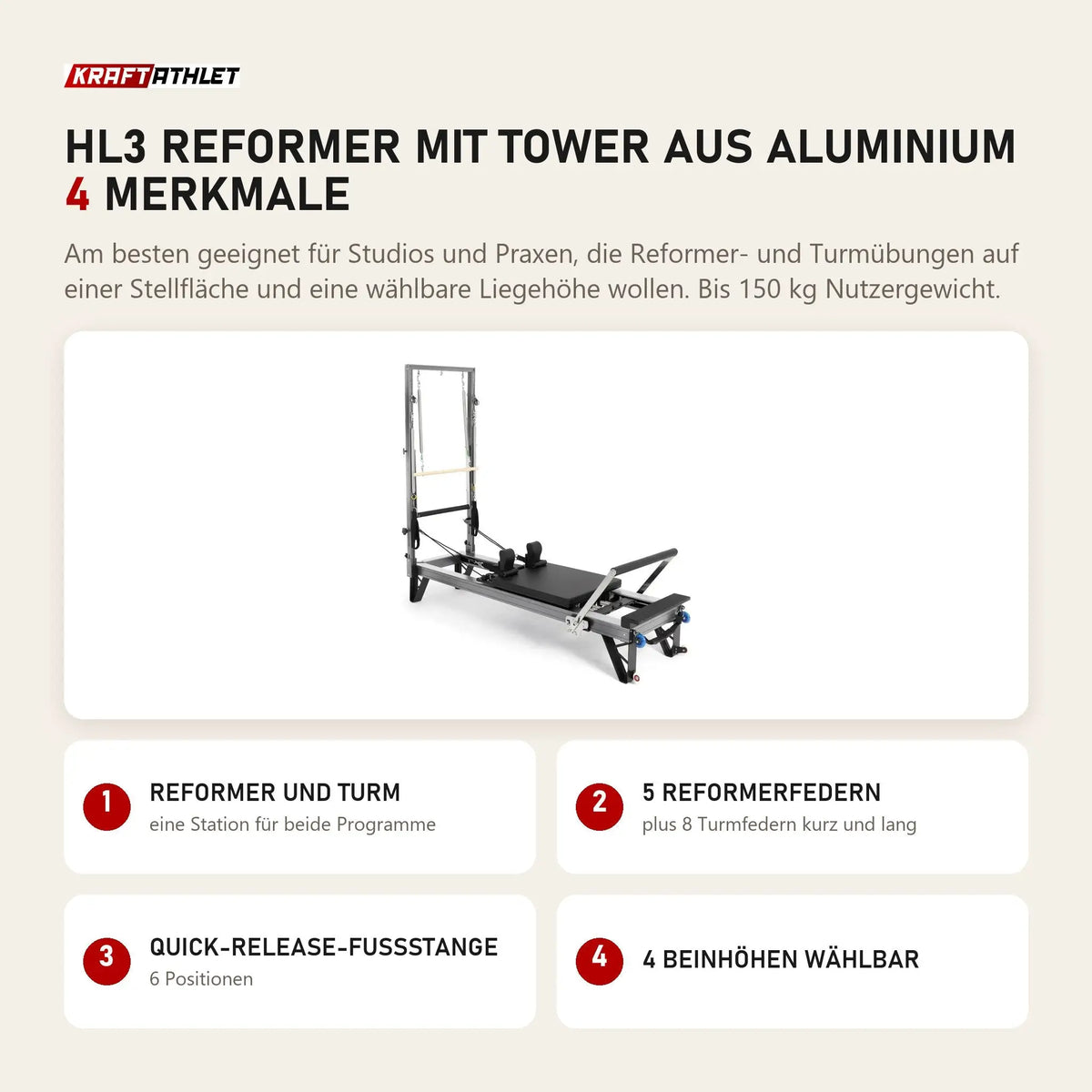 Elina Pilates HL3 Reformer mit Tower aus Aluminium mit 4 Merkmalen: Reformer und Turm, 5 Reformerfedern, Quick-Release-Fußstange, 4 Beinhöhen wählbar