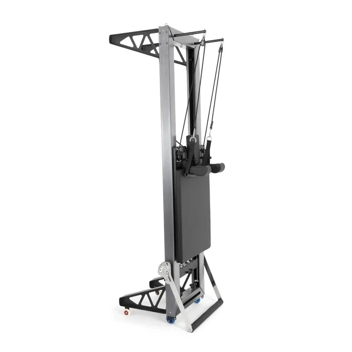 Elina Pilates HL3 Reformer mit Tower aus Aluminium, senkrecht aufgestellt mit Turm, Seitenansicht