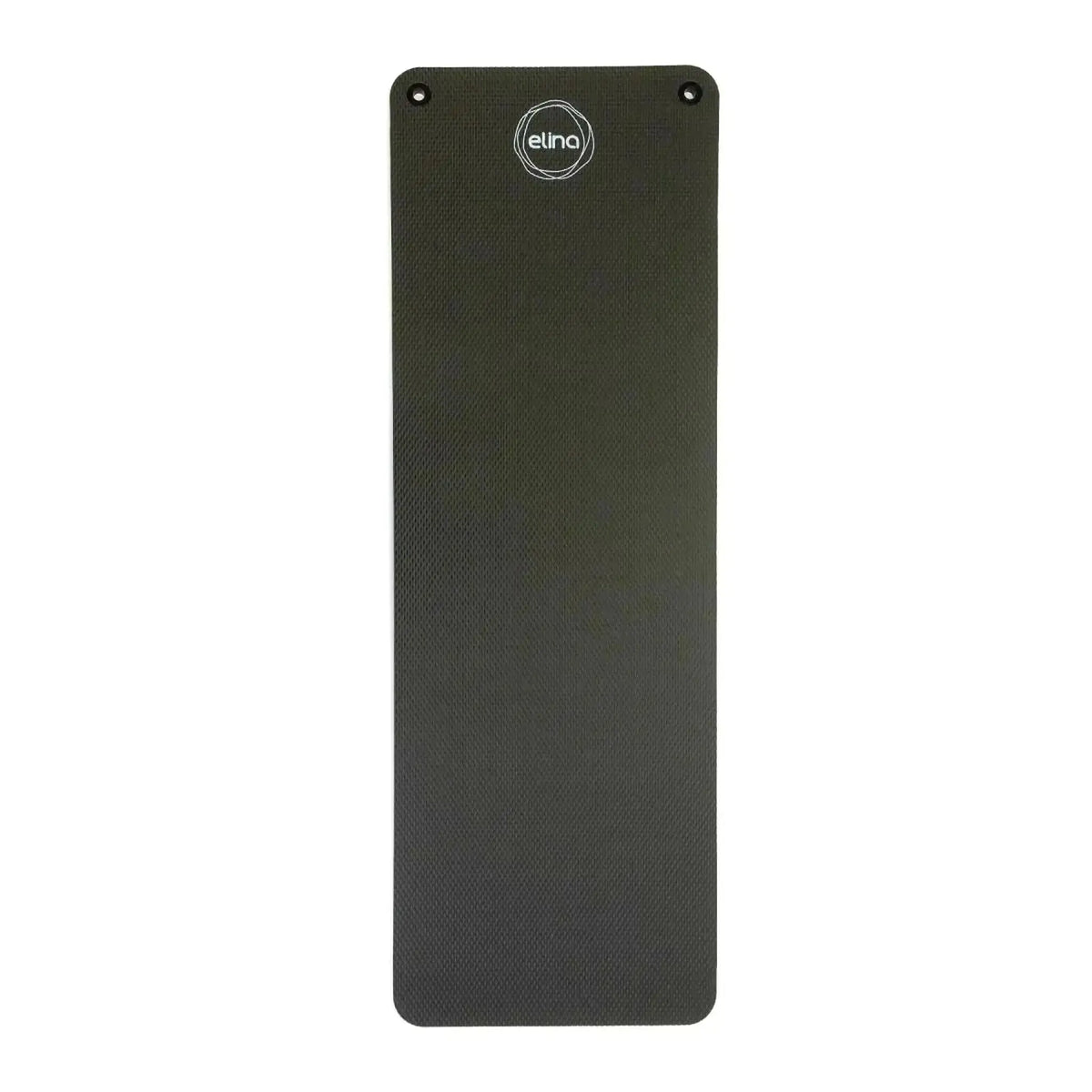 Elina Pilates Matte 140 × 58 cm Pilatesmatte in Schwarz, Draufsicht der ausgerollten Matte mit Logo oben