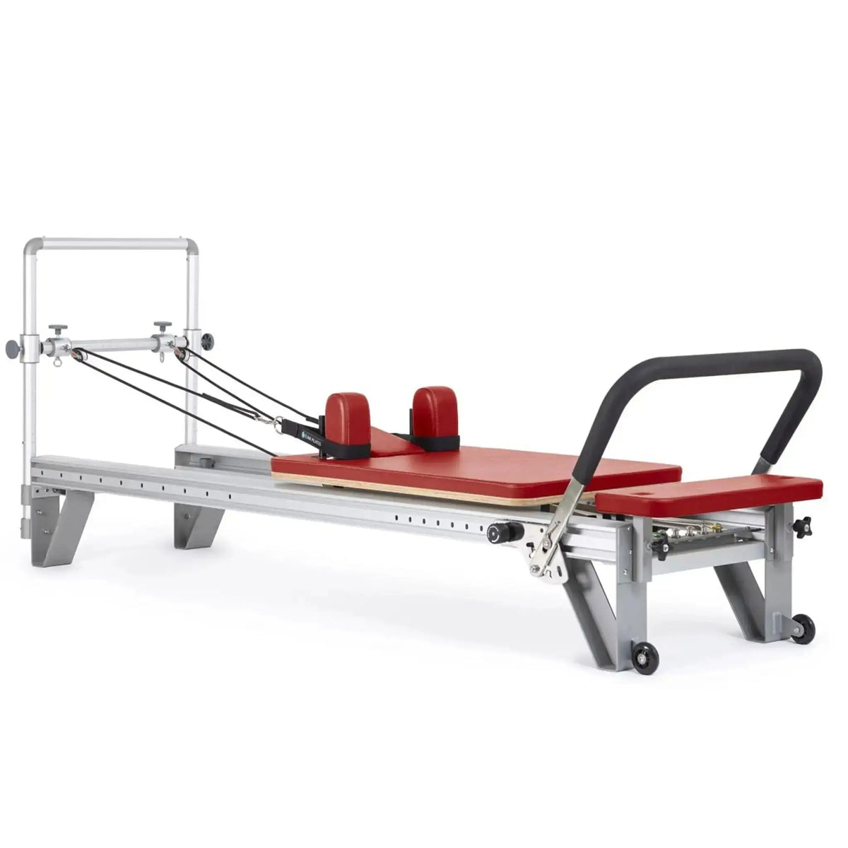 Elina Pilates Mentor Reformer aus Aluminium, Polster in Rot, Schrägansicht