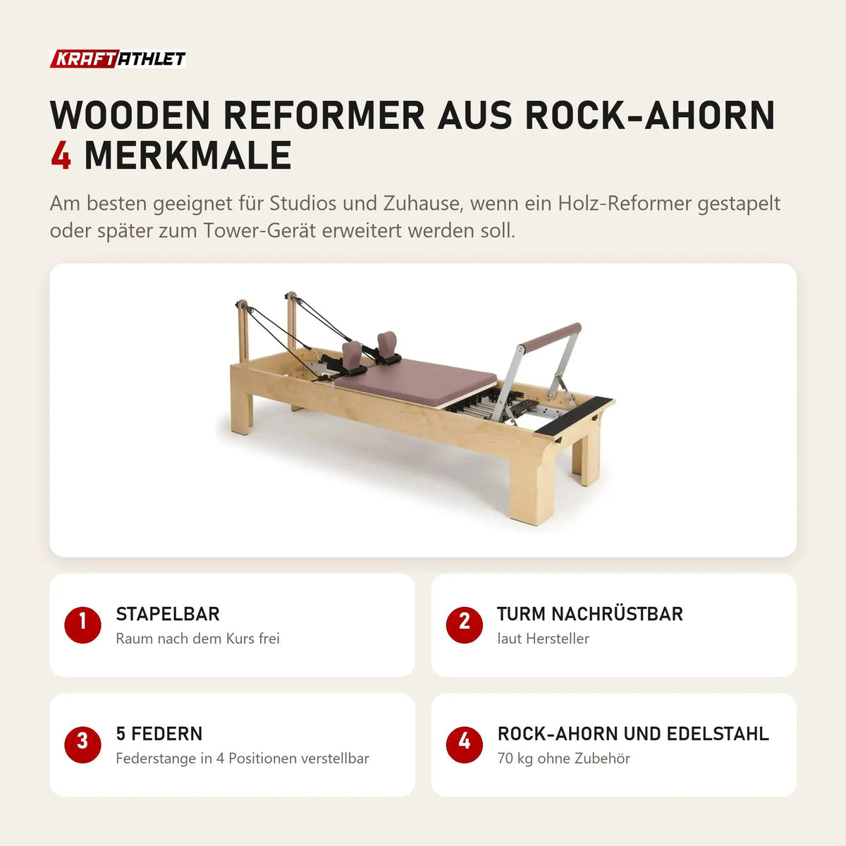Elina Pilates Wooden Reformer aus Rock-Ahorn mit 4 Merkmalen: Stapelbar, Turm nachrüstbar, 5 Federn, Rock-Ahorn und Edelstahl