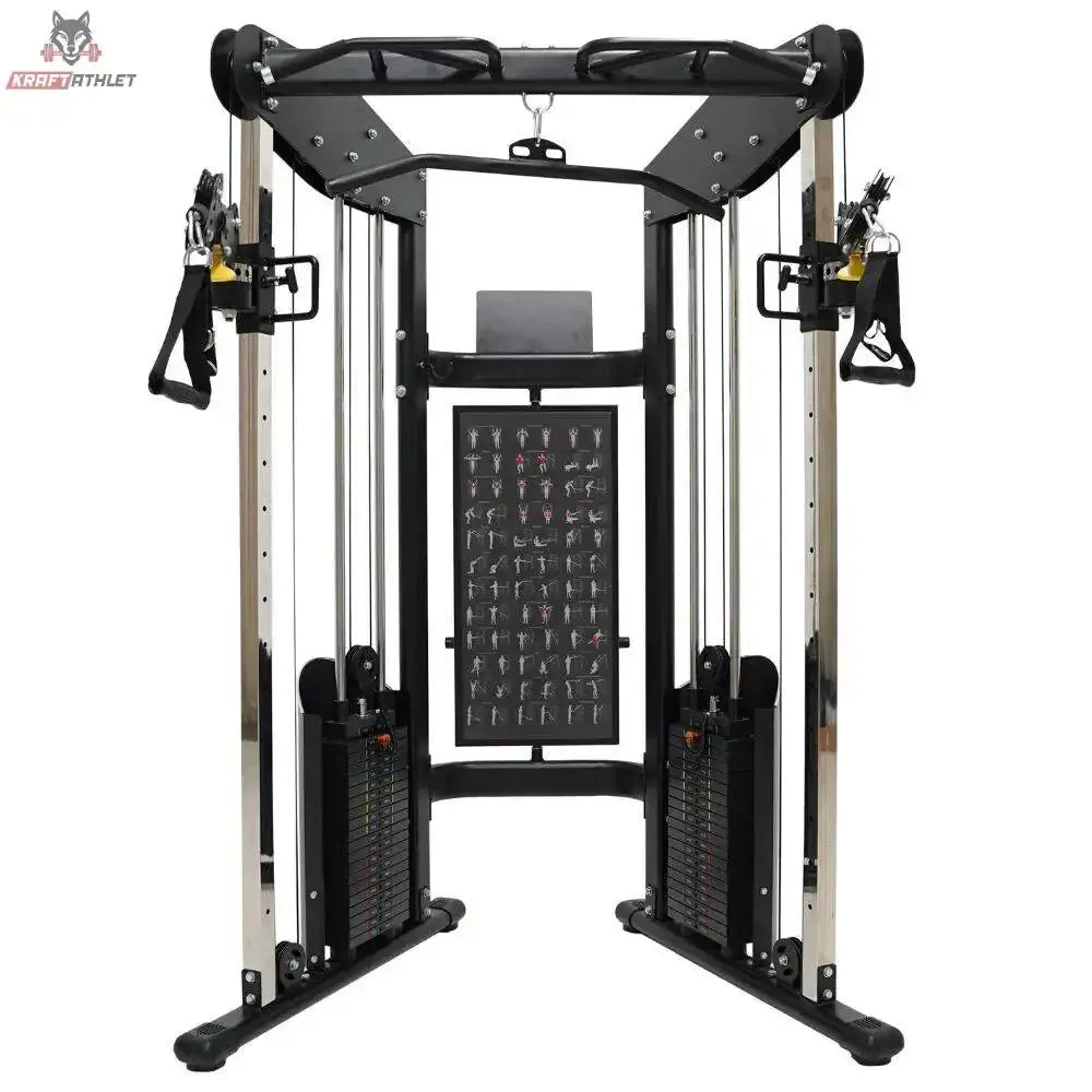 Force USA Functional Trainer Doppel-Kabelzug in Frontansicht mit zwei Gewichtsstapeln und Klimmzugstange