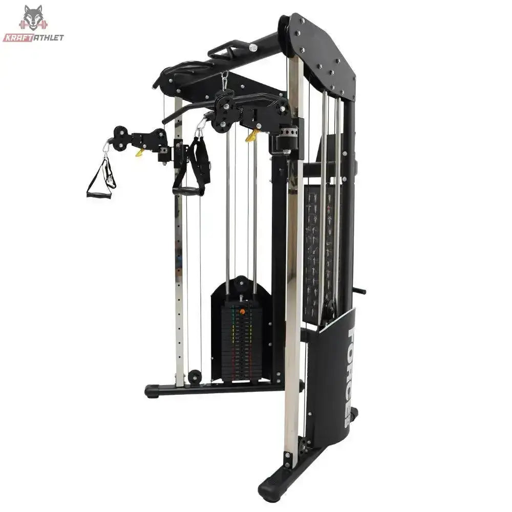 Force USA Functional Trainer Doppel-Kabelzug in Schrägansicht mit Griffen an den Seilzügen