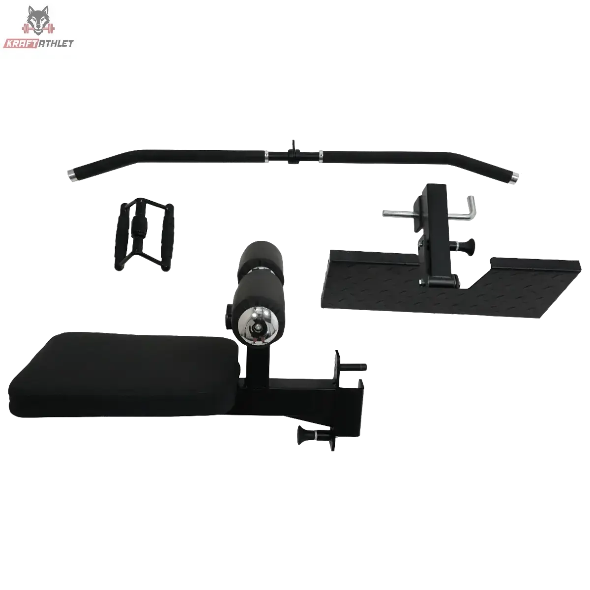 Force USA G1 V2 Upgrade Kit, alle Einzelteile mit Stange, Polstern und Fußplatte vor schwarzem Hintergrund