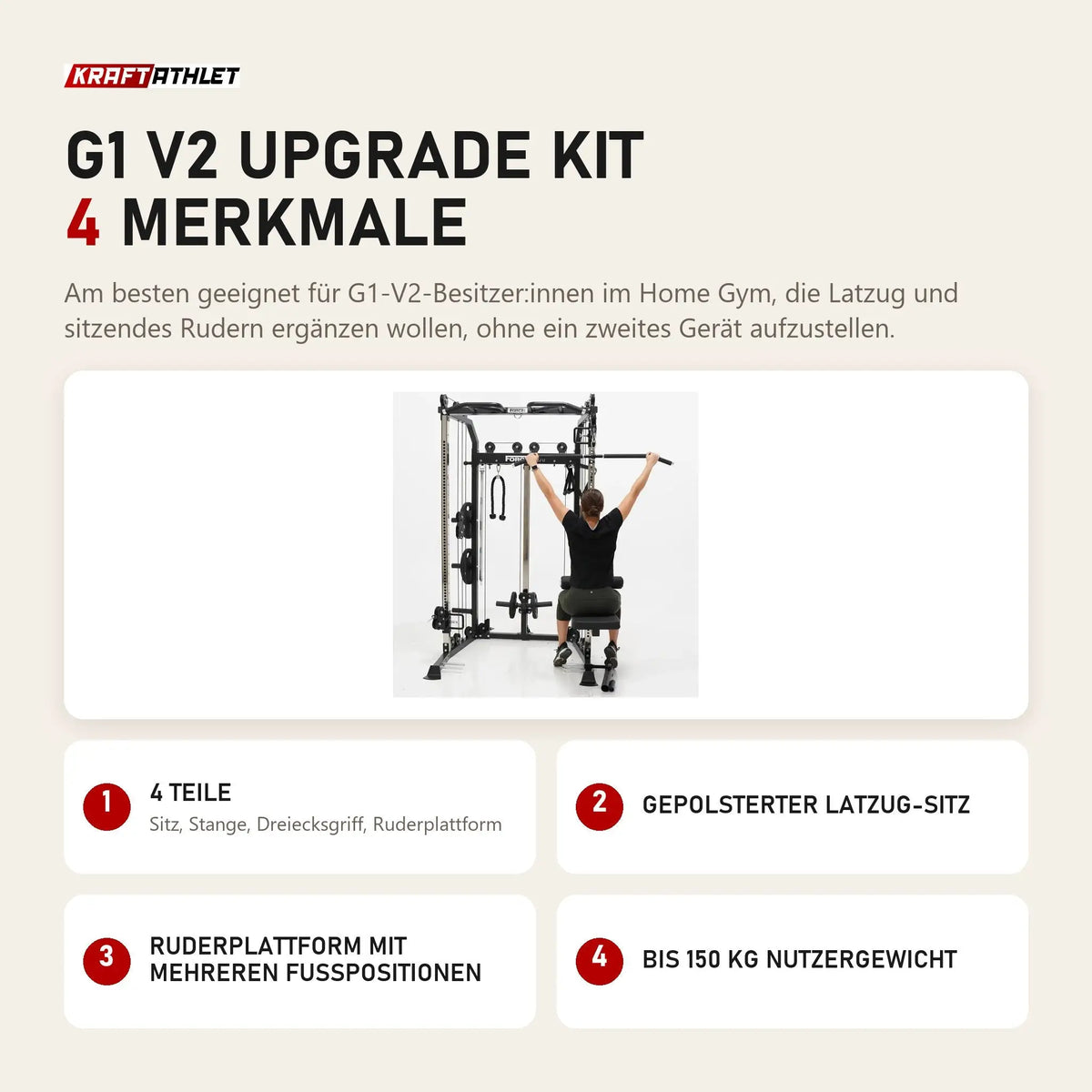 Force USA G1 V2 Upgrade Kit mit 4 Merkmalen: 4 Teile, Gepolsterter Latzug-Sitz, Ruderplattform mit mehreren Fußpositionen, Bis 150 kg Nutzergewicht