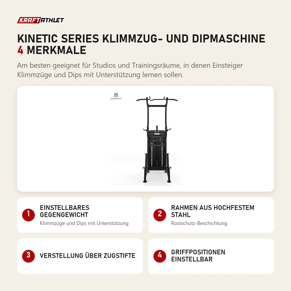 Force USA Kinetic Series Klimmzug- und Dipmaschine mit 4 Merkmalen: Einstellbares Gegengewicht, Rahmen aus hochfestem Stahl, Verstellung über Zugstifte, Griffpositionen einstellbar