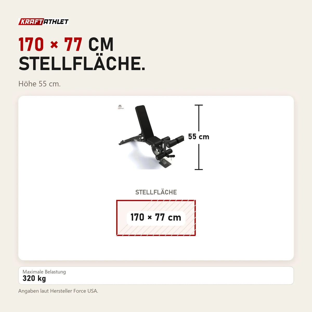 Maßbild Force USA MyBench FID-Bank: Stellfläche 170 × 77 cm, Höhe 55 cm