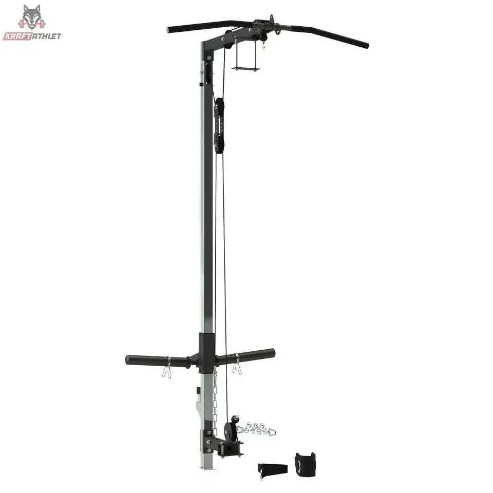 Force USA MyRack Lat Pulldown & Low Row als Seitenansicht mit Latzugstange, Seilzug und Fußstütze