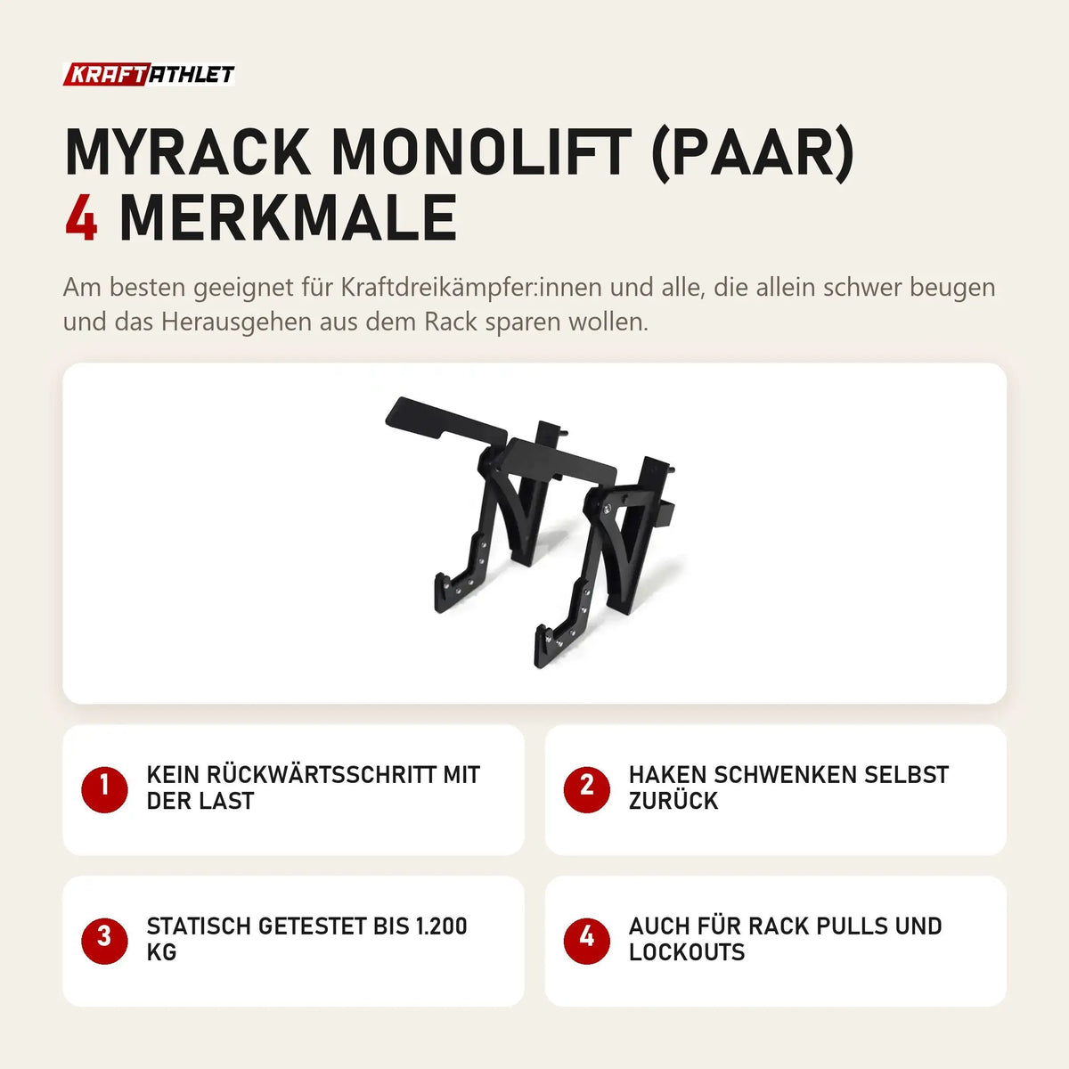 Force USA MyRack Monolift (Paar) mit 4 Merkmalen: Kein Rückwärtsschritt mit der Last, Haken schwenken selbst zurück, Statisch getestet bis 1.200 kg, Auch für Rack Pulls und Lockouts