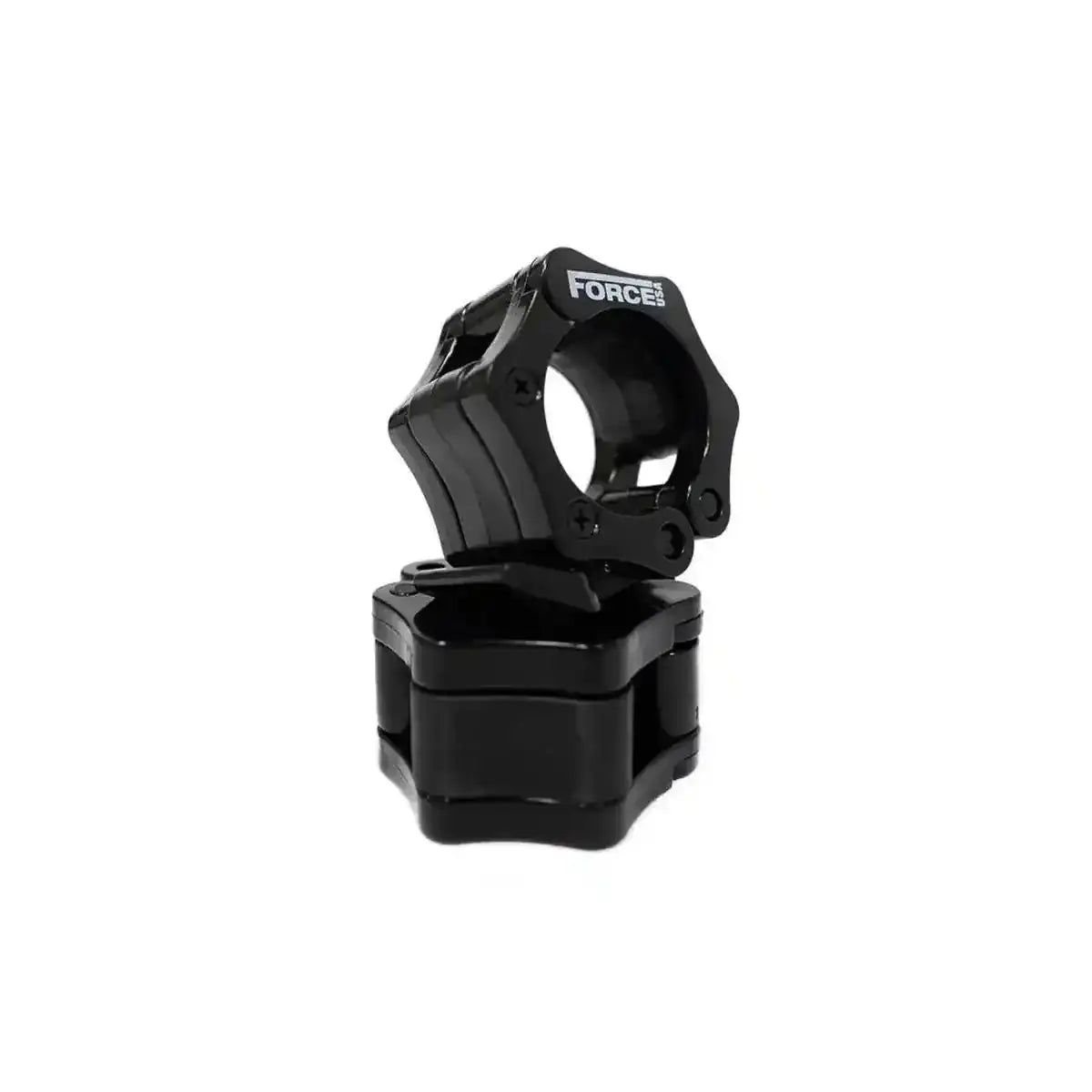 Force USA Olympic Quick Lock Collars, zwei schwarze Verschlüsse gestapelt, seitliche Ansicht
