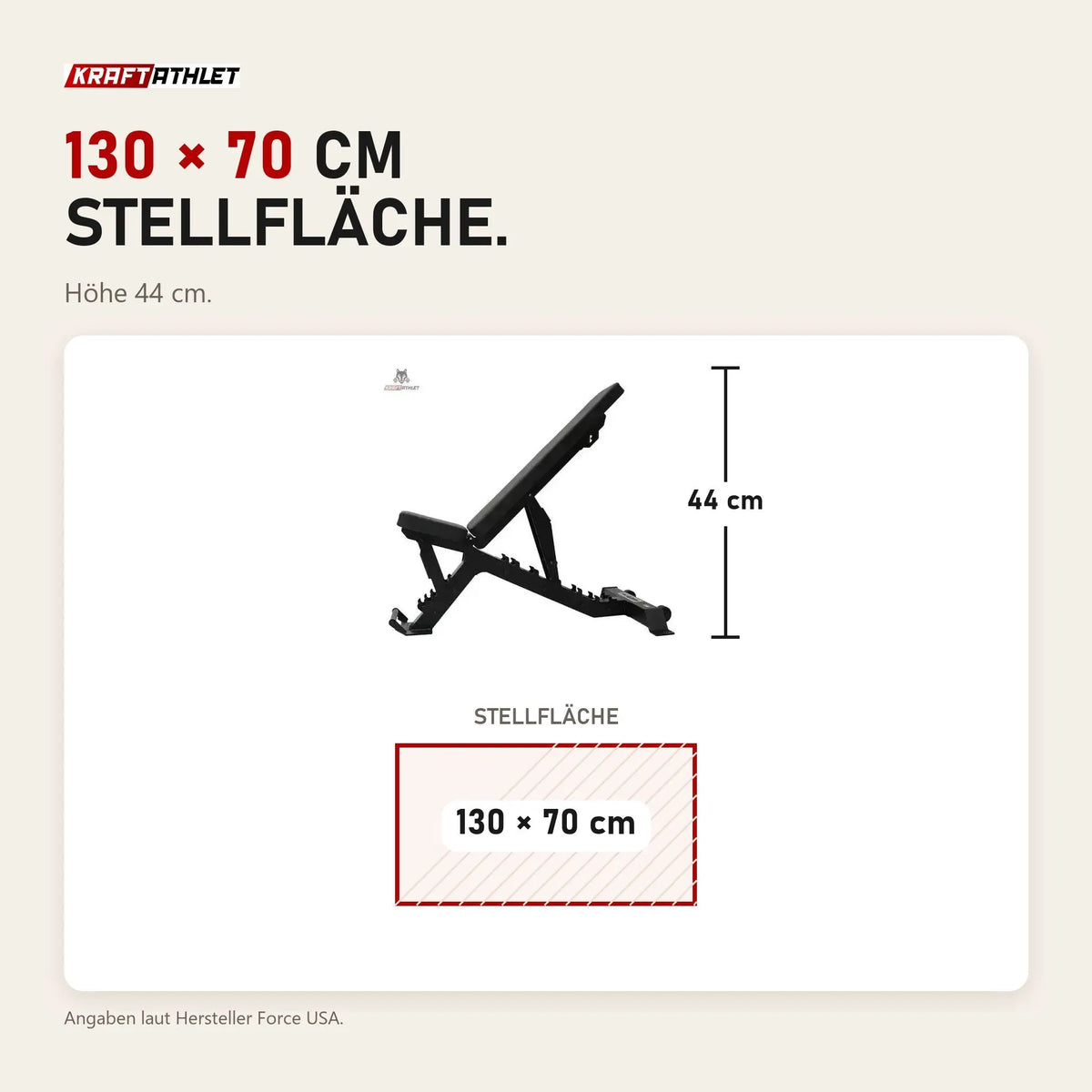 Maßbild Force USA Pro Series FID Bench Hantelbank: Stellfläche 130 × 70 cm, Höhe 44 cm
