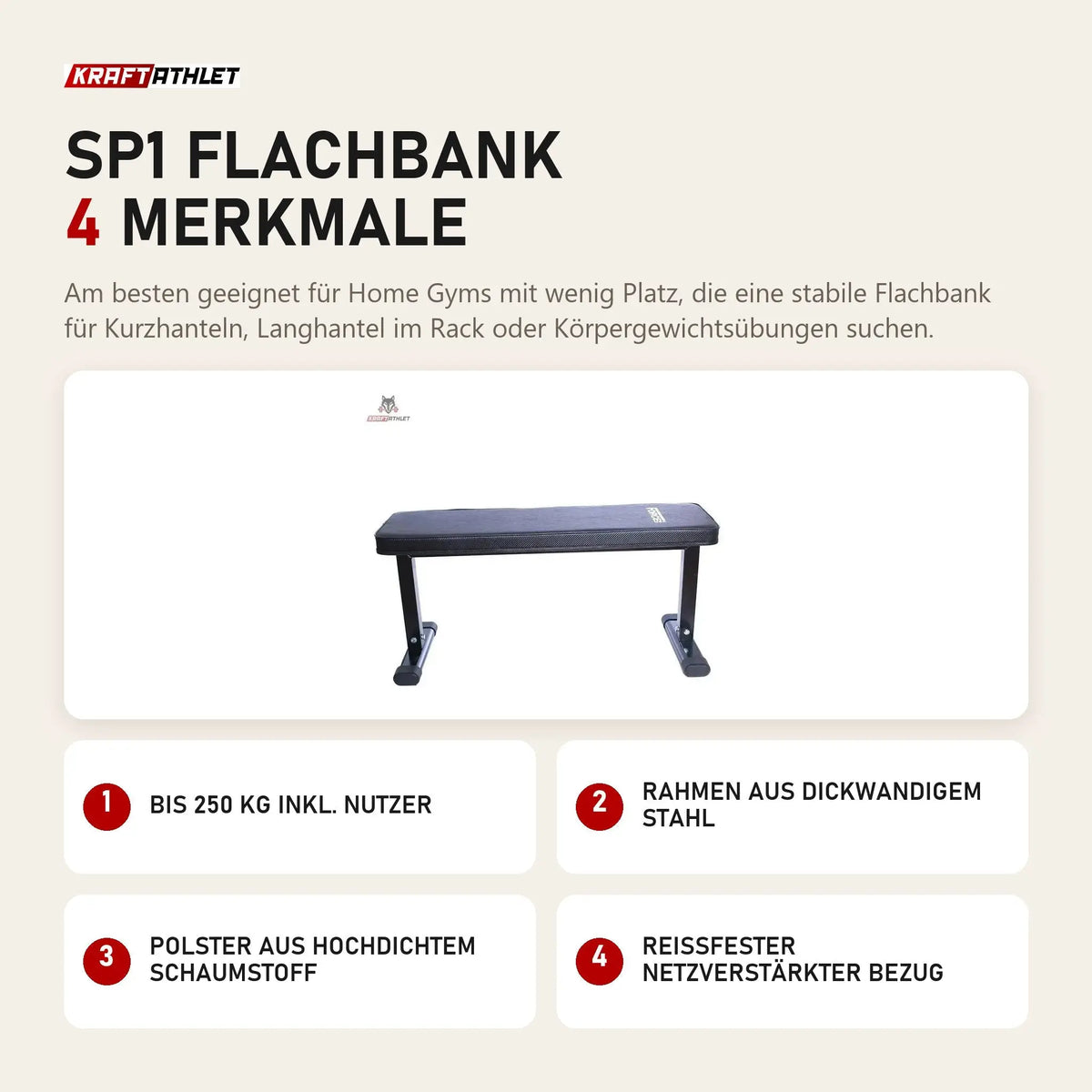 Force USA SP1 Flachbank mit 4 Merkmalen: Bis 250 kg inkl. Nutzer, Rahmen aus dickwandigem Stahl, Polster aus hochdichtem Schaumstoff, Reißfester netzverstärkter Bezug