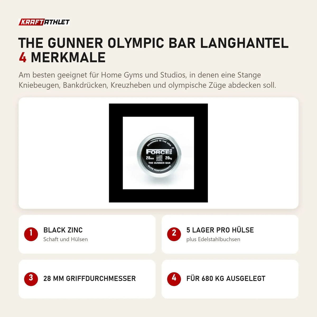 Force USA The Gunner Olympic Bar Langhantel mit 4 Merkmalen: Black Zinc, 5 Lager pro Hülse, 28 mm Griffdurchmesser, Für 680 kg ausgelegt