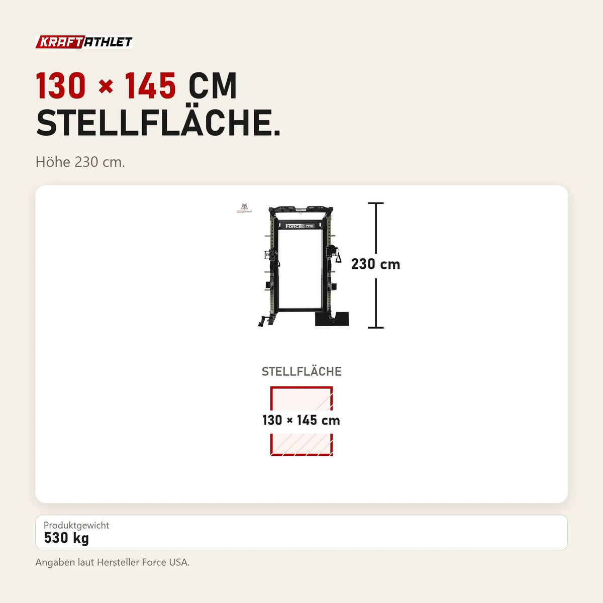 Maßbild Force USA X15 Pro Multi Trainer: Stellfläche 130 × 145 cm, Höhe 230 cm