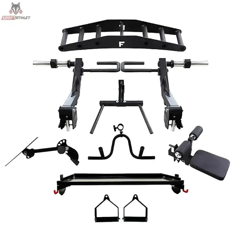 Force USA X15 & X20 Pro Upgrade Kit: alle Einzelteile des Kits ausgelegt, mit Griffen, Stangen und Polsteraufsatz