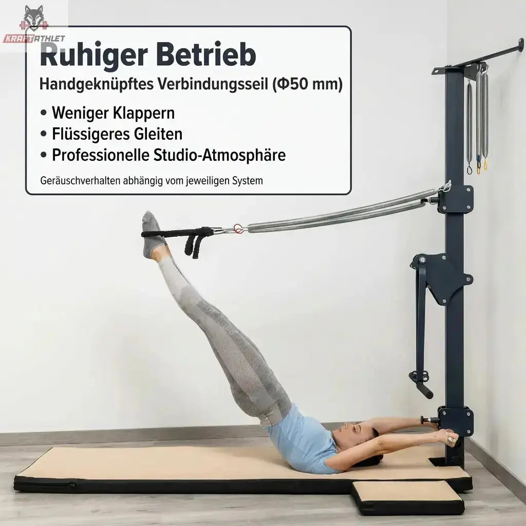 Hegren Double Loop Ropes, Infografik zum leisen Betrieb, Frau trainiert am Reformer