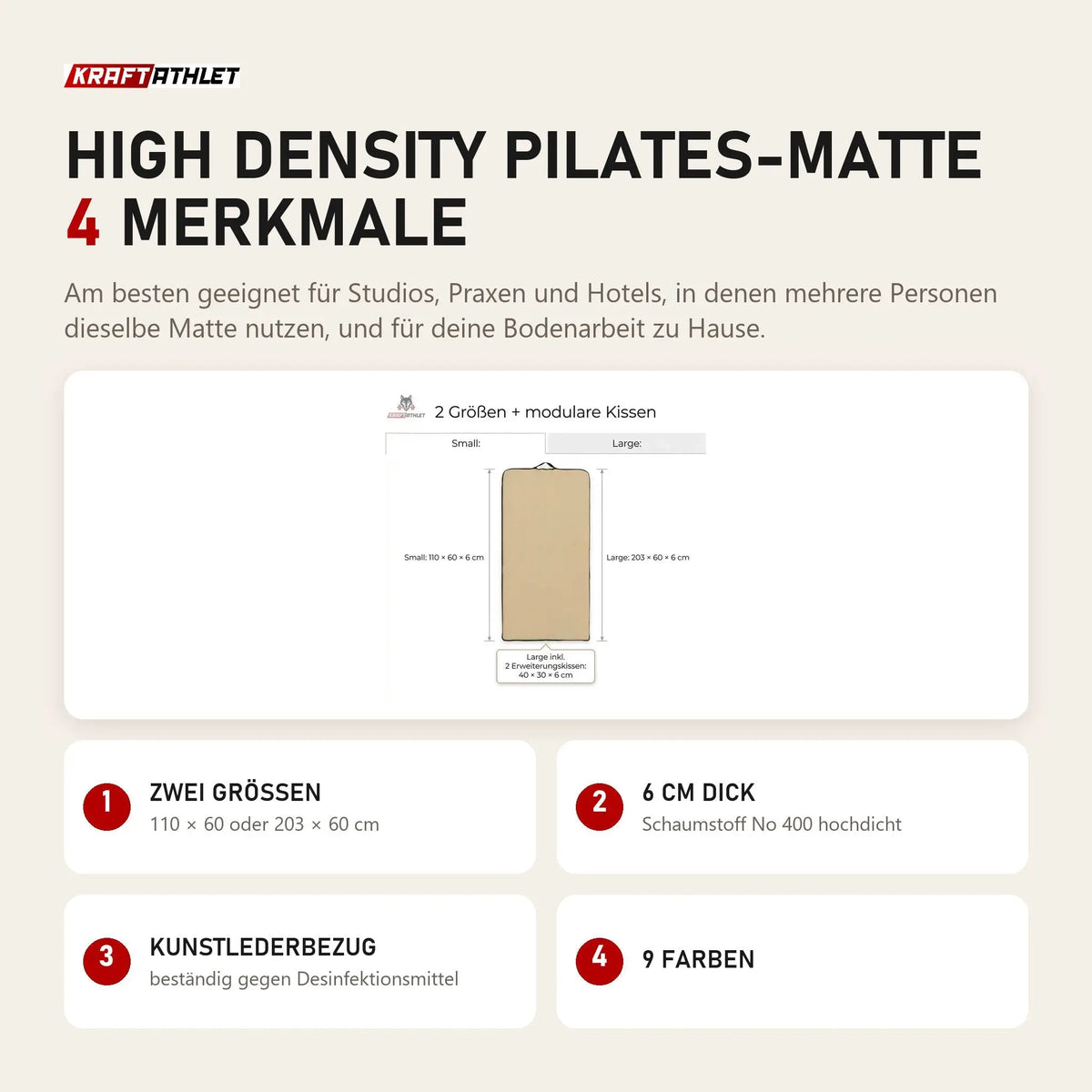 Hegren High Density Pilates-Matte mit 4 Merkmalen: Zwei Größen, 6 cm dick, Kunstlederbezug, 9 Farben