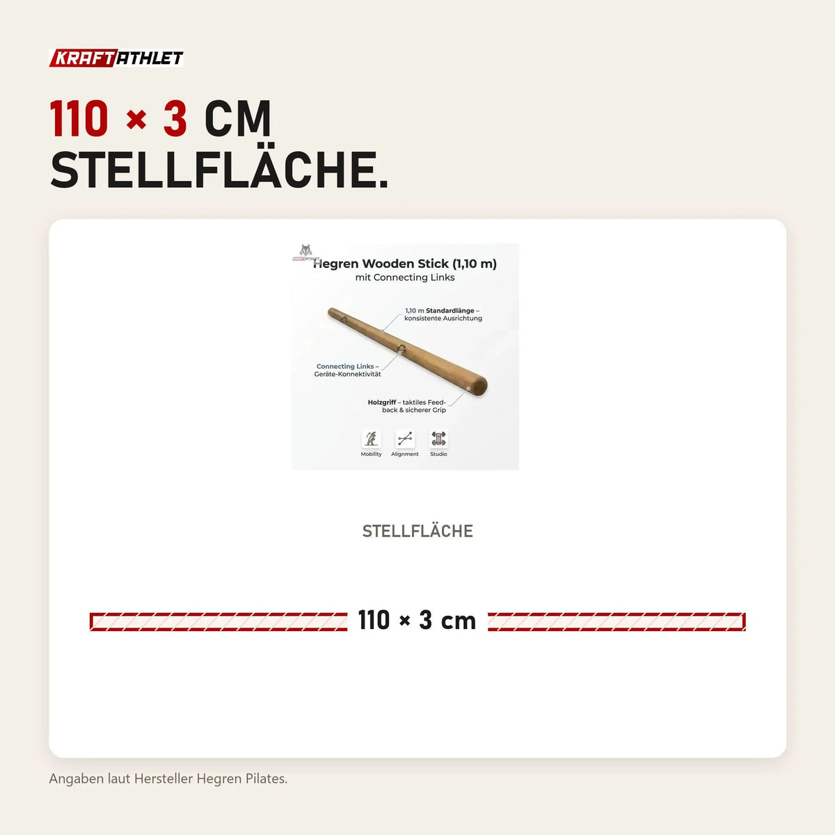 Maßbild Hegren Pilates Stick 1,10 m mit Verbindungsgliedern: Stellfläche 110 × 3 cm