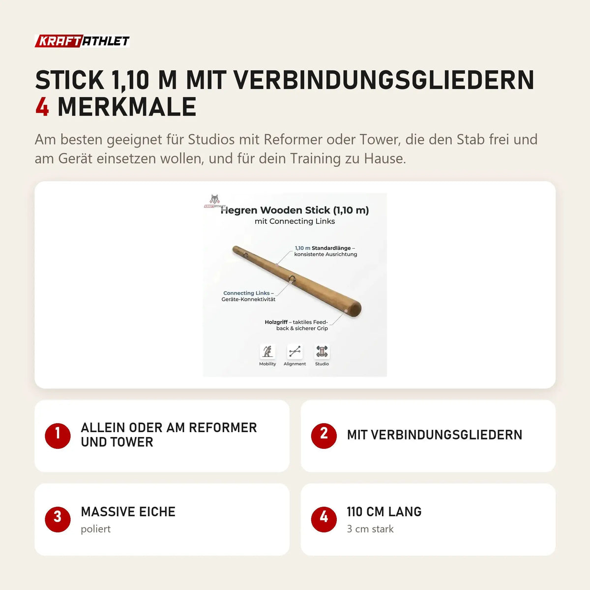 Hegren Pilates Stick 1,10 m mit Verbindungsgliedern mit 4 Merkmalen: Allein oder am Reformer und Tower, Mit Verbindungsgliedern, Massive Eiche, 110 cm lang