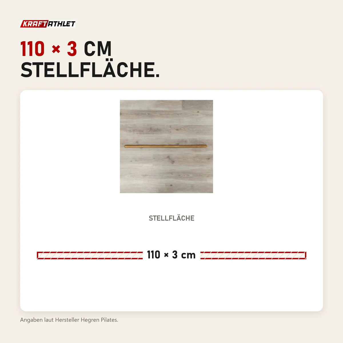 Maßbild Hegren Pilates Wooden Stick 1,10 m aus Eiche: Stellfläche 110 × 3 cm