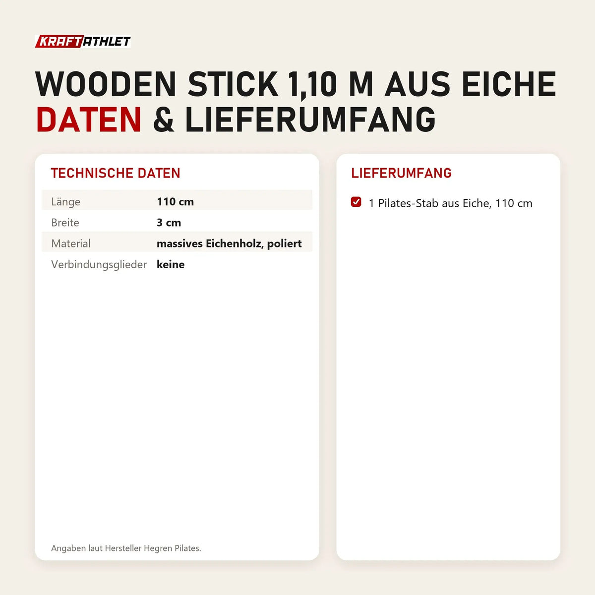 Technische Daten und Lieferumfang von Hegren Pilates Wooden Stick 1,10 m aus Eiche als Tabelle