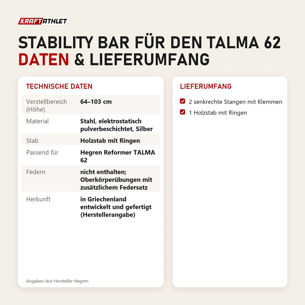 Technische Daten und Lieferumfang von Hegren Stability Bar für den TALMA 62 als Tabelle