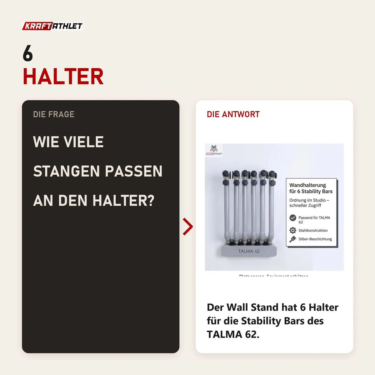 Frage und Antwort zu Hegren Stability Bar Wall Stand Wandhalter: Wie viele Stangen passen an den Halter?