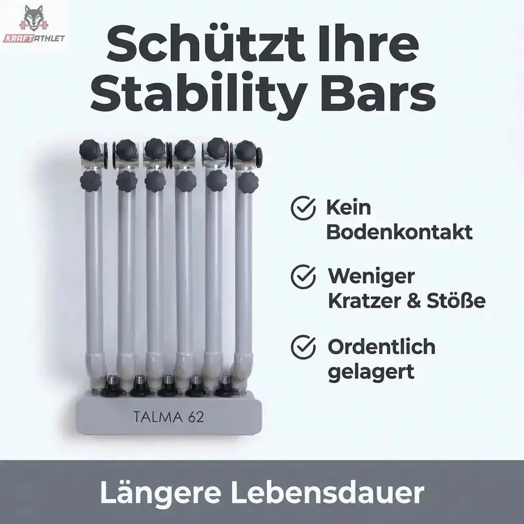 Hegren Stability Bar Wall Stand Wandhalter: Infografik mit bestücktem Halter und Stichpunkten zur Lagerung ohne Bodenkontakt