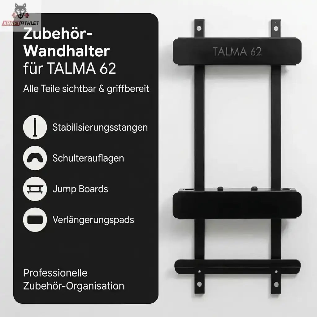 Hegren TALMA 62 Zubehör-Wandhalter aus Stahl in Schwarz als Grafik mit Übersicht der aufnehmbaren Zubehörteile