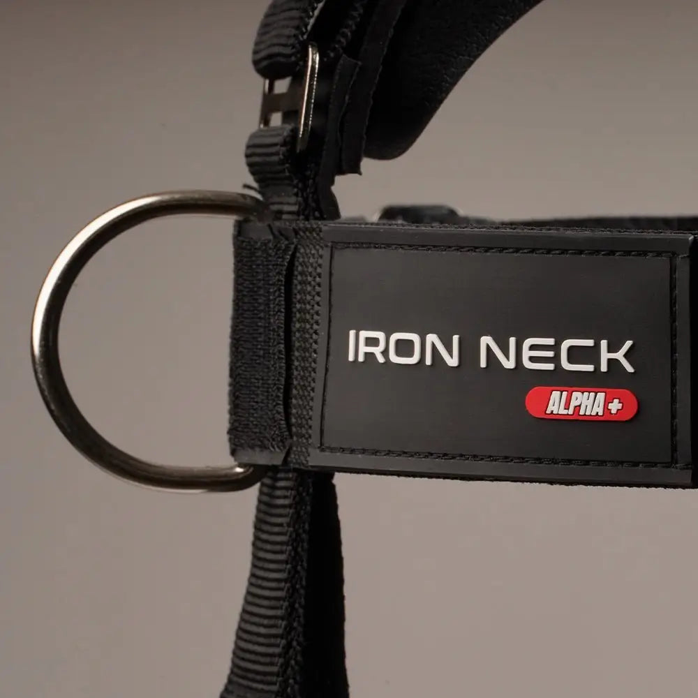 Iron Neck Alpha Harness Plus Nackengeschirr, Detail des Logo-Riemens mit D-Ring