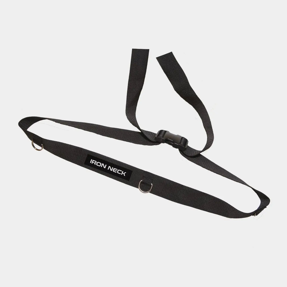 Iron Neck Tri-Clip Türgurt in Schwarz, Gesamtansicht mit Türschlaufen, Schnalle und Ankerpunkten
