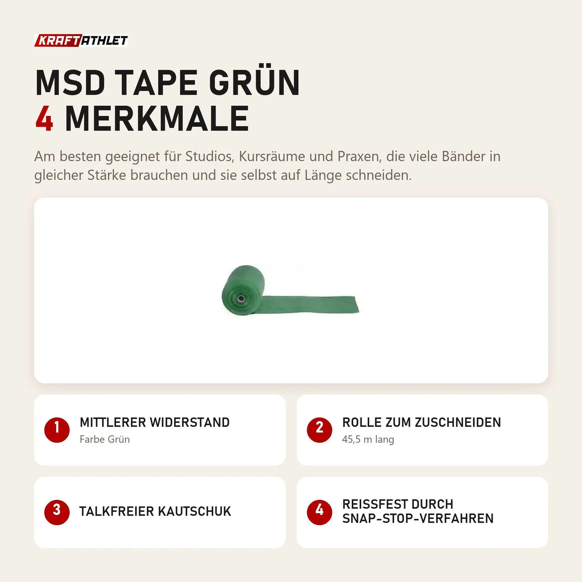 MoVeS MSD Tape Grün mit 4 Merkmalen: Mittlerer Widerstand, Rolle zum Zuschneiden, Talkfreier Kautschuk, Reißfest durch Snap-Stop-Verfahren