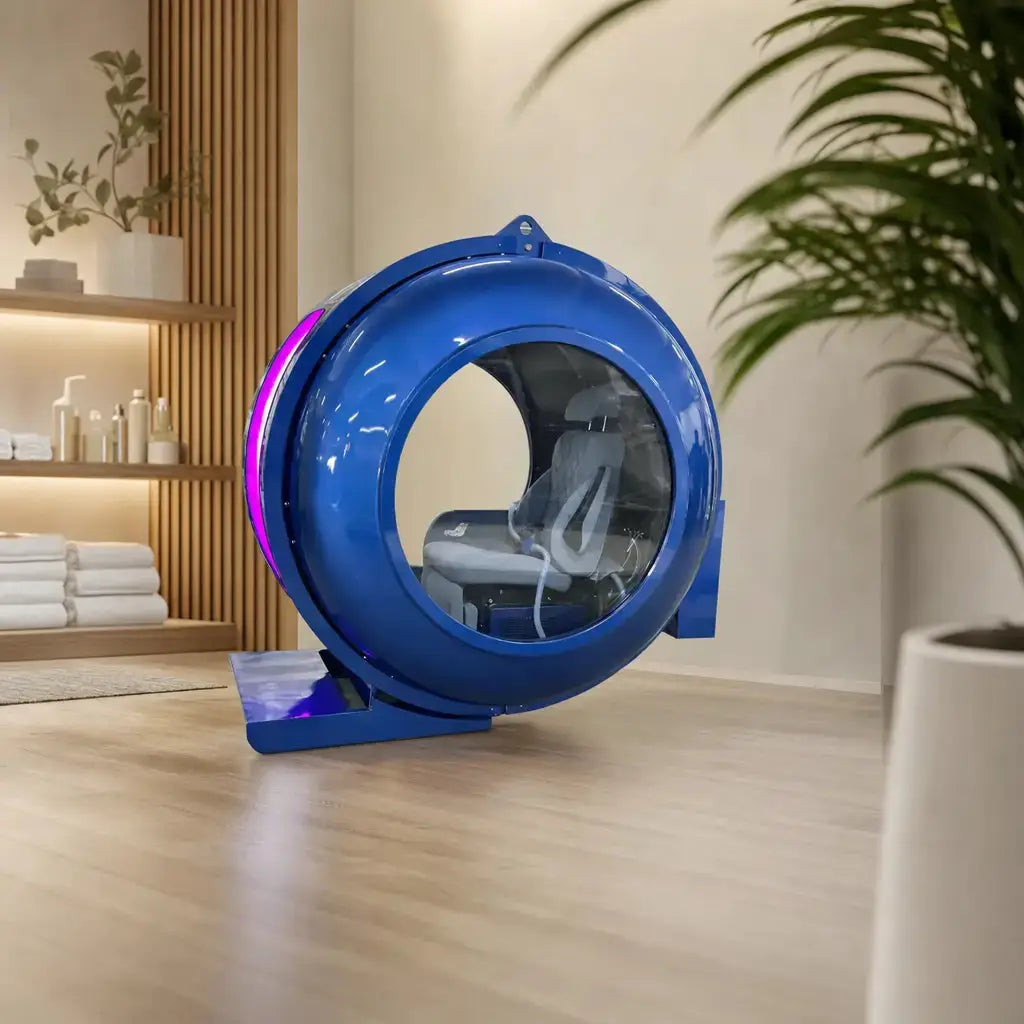 ProReset Anatolia Hyperbarkammer in Blau in einem hellen Raum mit Regal und Pflanze