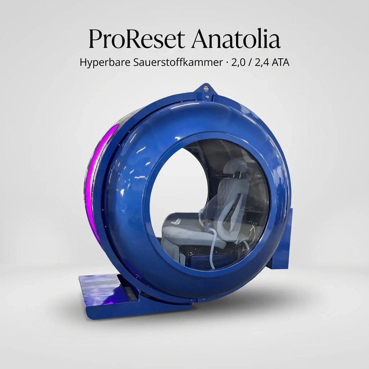 ProReset Anatolia Hyperbarkammer – Schrägansicht in Blau mit Titelzeile auf hellem Grund