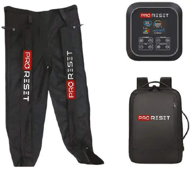 ProReset Boots Full Kompressionssystem: Lieferumfang mit schwarzen Beinmanschetten, Steuergerät und Rucksack