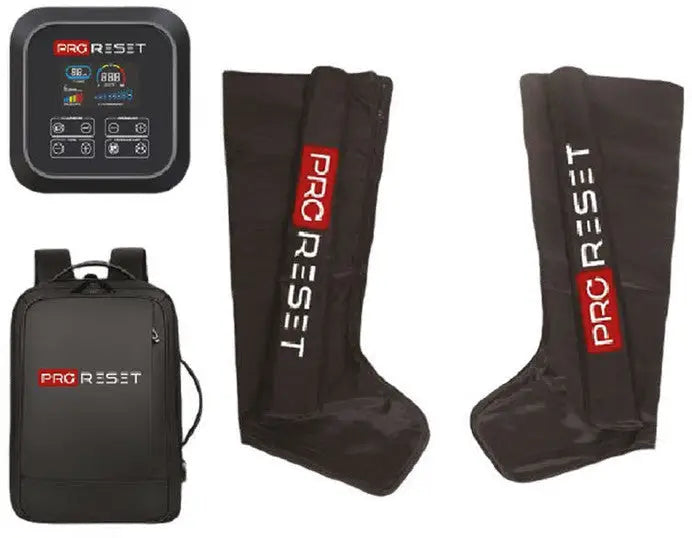 ProReset Boots Kompressionsstiefel mit beiden Stiefeln, Steuergerät und Rucksack in der Übersicht