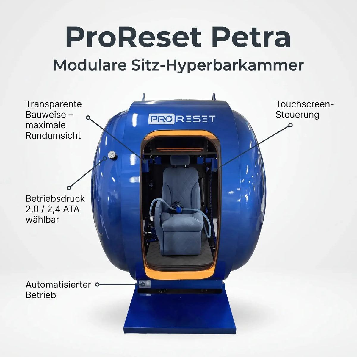 ProReset Petra Sitz-Hyperbarkammer – Frontansicht mit beschrifteten Bauteilen wie Touchscreen und Sitz