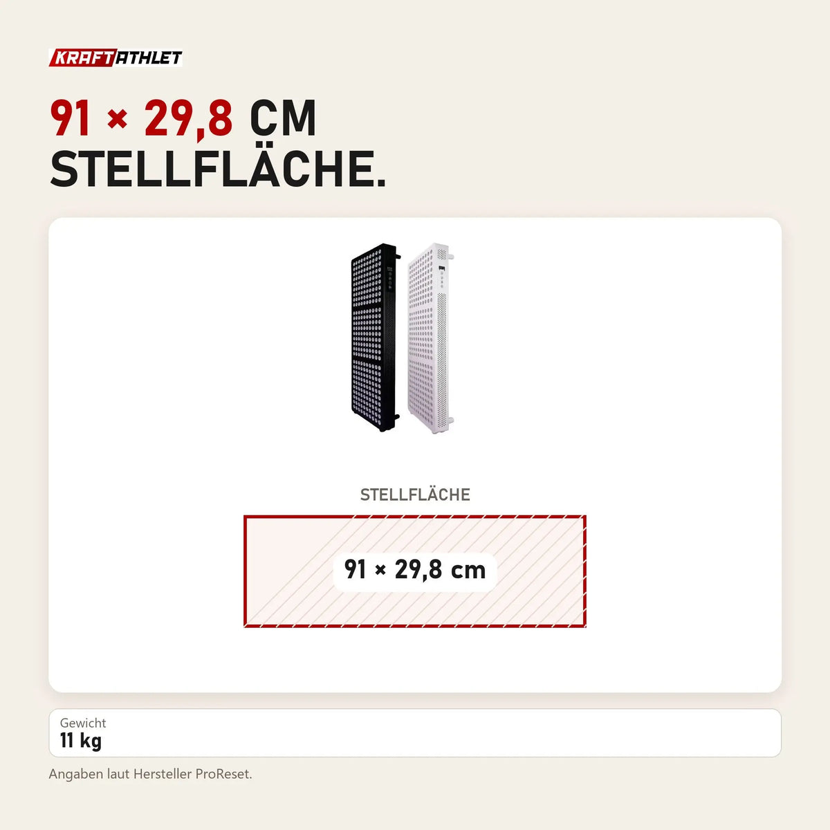 Maßbild ProReset ProRed Rotlicht-Infrarotpaneel: Stellfläche 91 × 29,8 cm