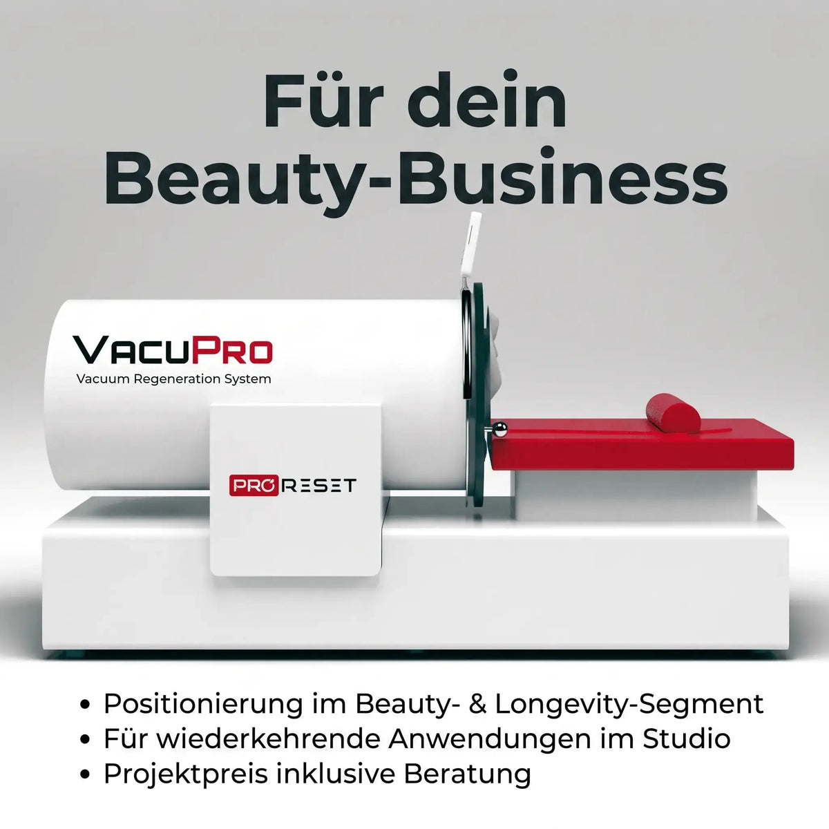 ProReset VacuPro Vakuum-Wellnesssystem – Seitenansicht mit Überschrift für den Einsatz im Beauty-Business