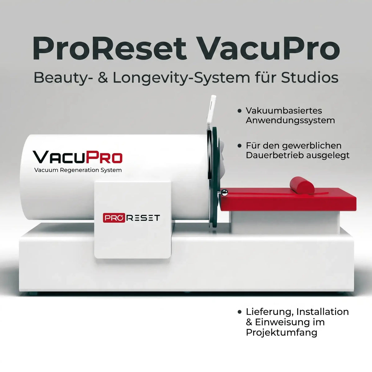 ProReset VacuPro Vakuum-Wellnesssystem – Seitenansicht mit Hinweisen zum Einsatz im Studio