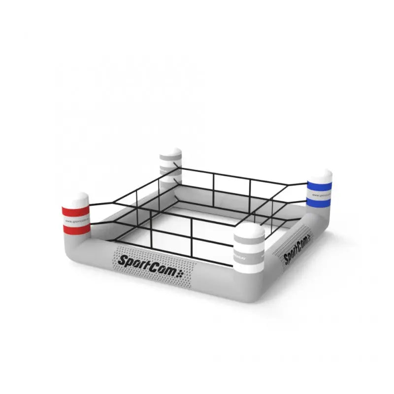 SportCom Aufblasbarer Jugend-Boxring in Weiß-Grau mit roten und blauen Eckpolstern, Schrägansicht