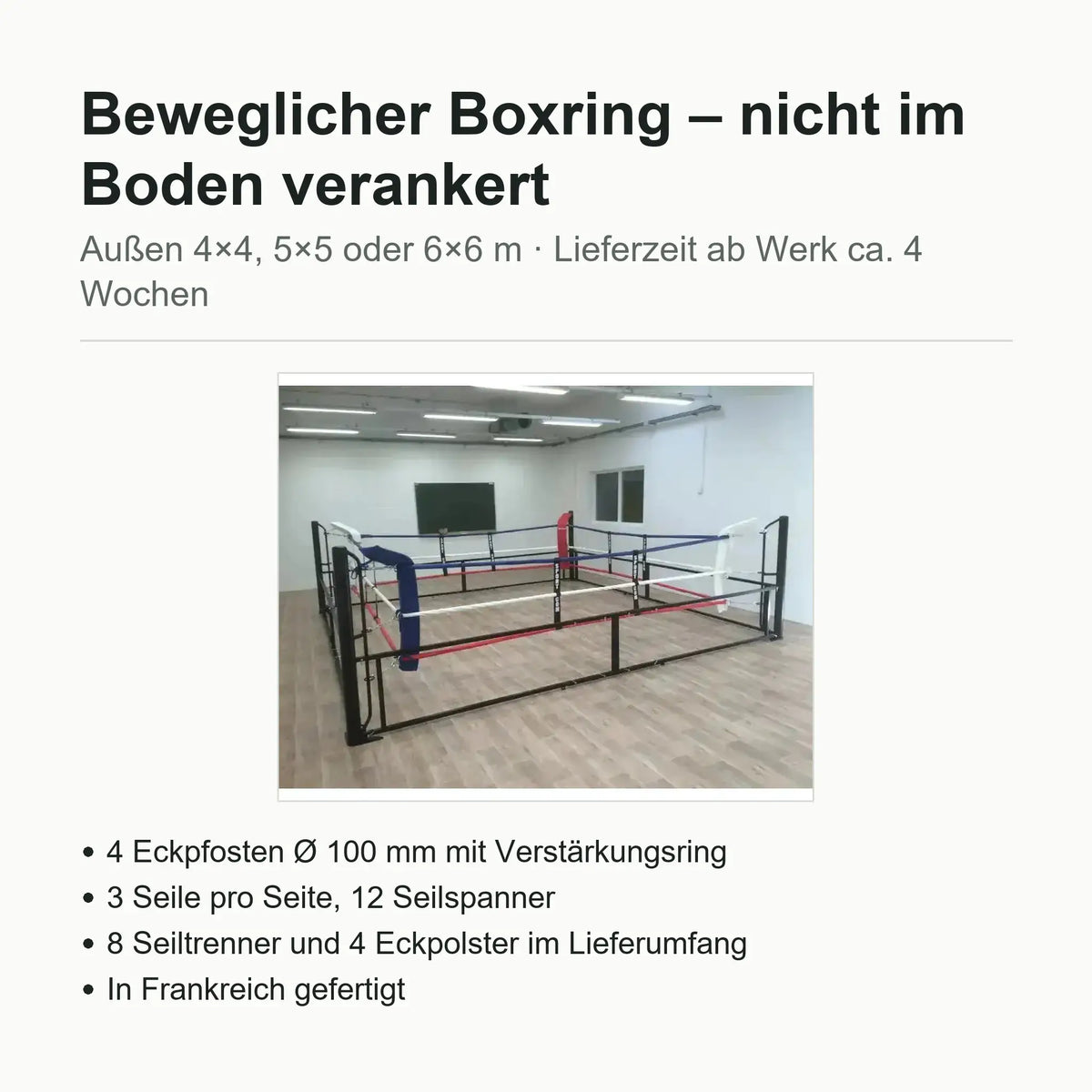 SportCom Beweglicher Boxring – Infoblatt mit Foto des Rings und Ausstattungsliste