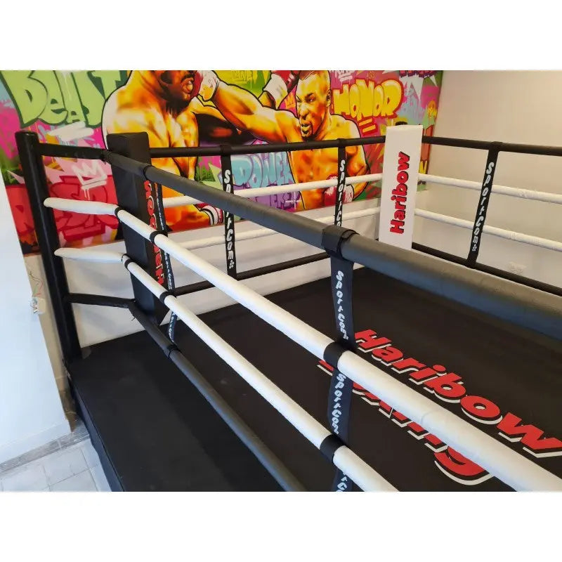 SportCom Boxring-Seiltrenner 8er-Set an weißen Seilen eines Rings vor einer bunten Graffitiwand