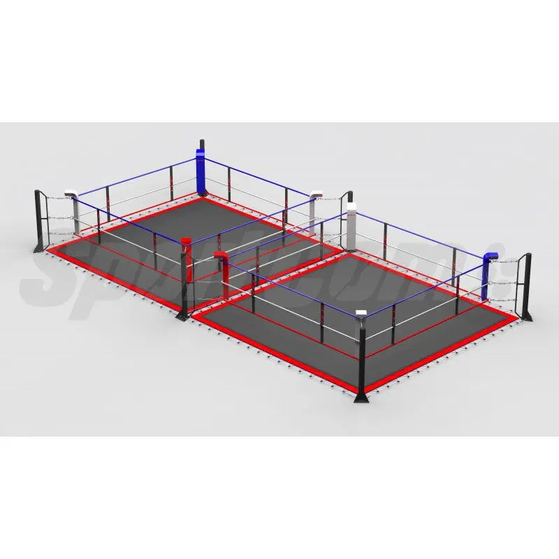 SportCom Doppel-Boxring Bodenpfosten mit Spannseilen, Render der Variante 7 x 14 m mit grauem Boden