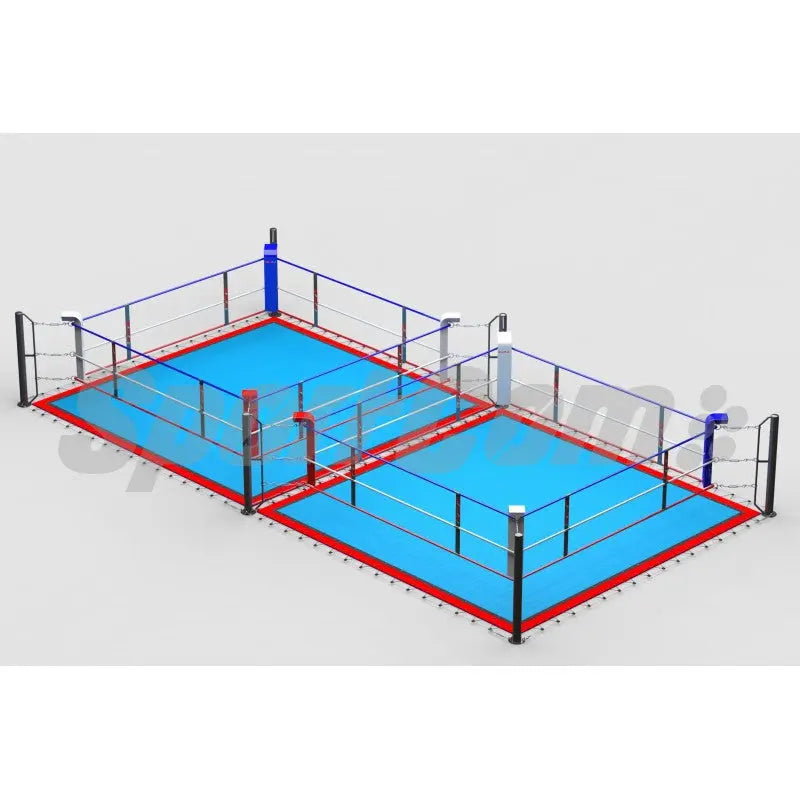 SportCom Doppel-Boxring mit Spannseilen und Stahlpfosten, Render der Variante 4 x 8 m mit hellblauem Boden